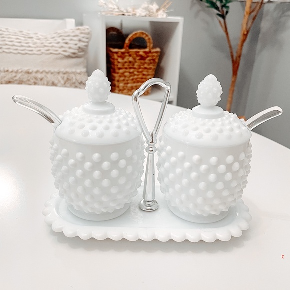 Vintage Fenton Hobnail Milk Glass Condiment/Jam Jar Set